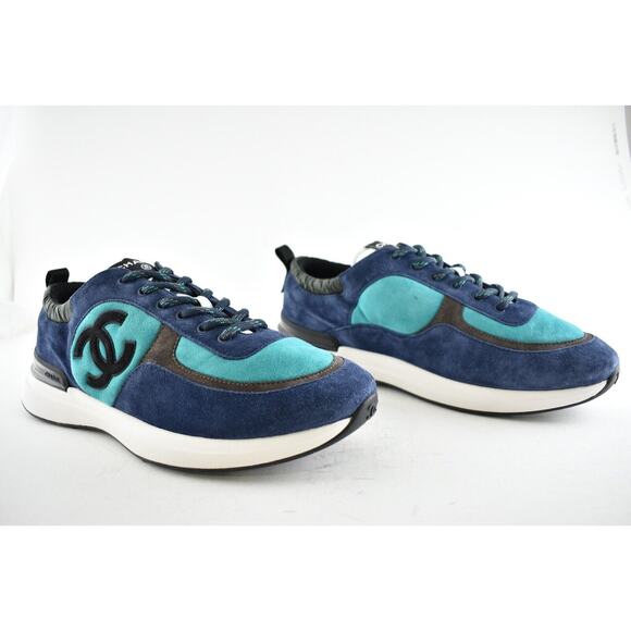 Chanel 21K Mens Green Blue Grey White CC Logo Lace Low Top Trainer Sneaker 44 11 - Picture 4 of 11